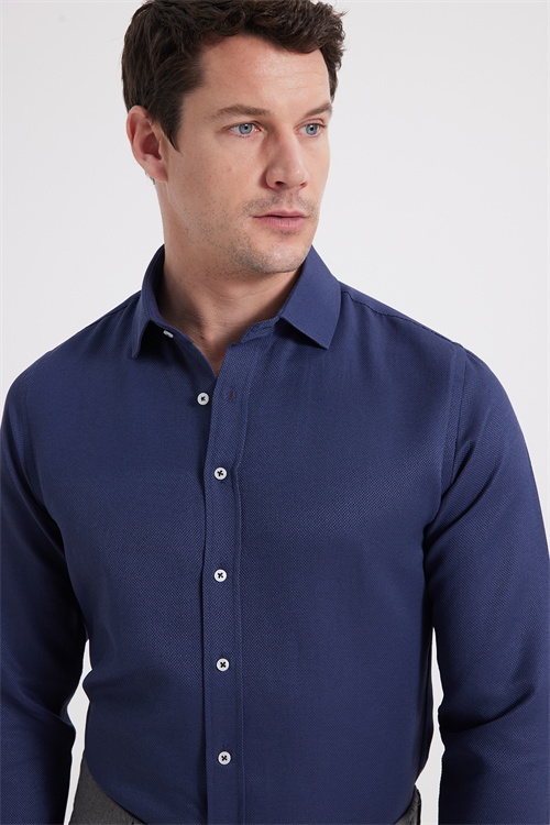 Modern Slim Fit Uzun Kollu Pamuklu Kolay Ütü Armürlü Erkek Lacivert Gömlek