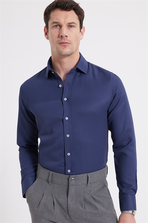 Modern Slim Fit Uzun Kollu Pamuklu Kolay Ütü Armürlü Erkek Lacivert Gömlek
