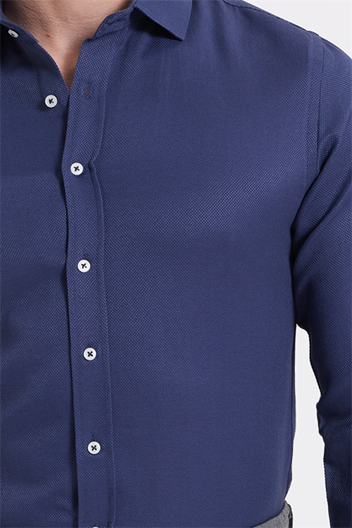 Modern Slim Fit Uzun Kollu Pamuklu Kolay Ütü Armürlü Erkek Lacivert Gömlek