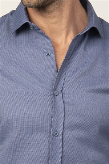 Modern Slim Fit Uzun Kollu Pamuklu Kolay Ütü Armürlü Erkek Lacivert Gömlek