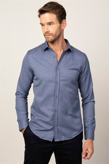 Modern Slim Fit Uzun Kollu Pamuklu Kolay Ütü Armürlü Erkek Lacivert Gömlek