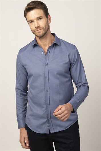 Modern Slim Fit Uzun Kollu Pamuklu Kolay Ütü Armürlü Erkek Lacivert Gömlek