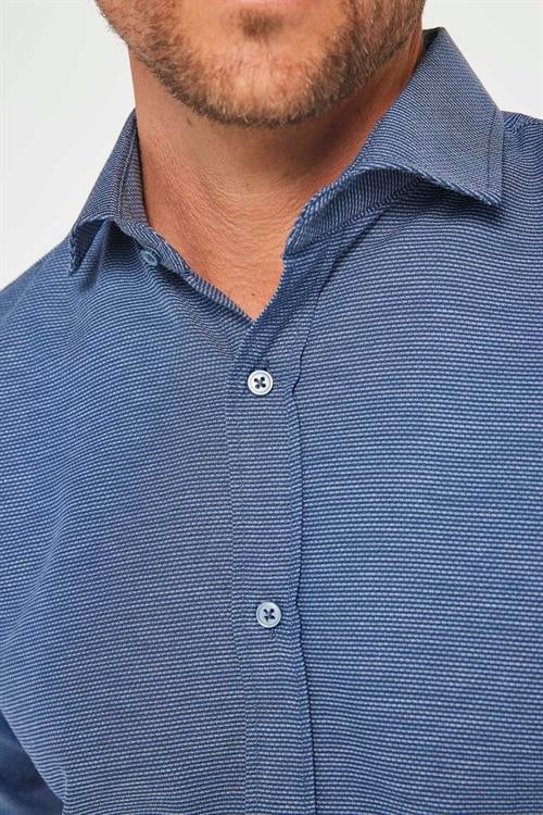 Erkek Slim Fit Dar Kesim Uzun Kollu Pamuklu Kolay Ütü Armürlü Lacivert Gömlek