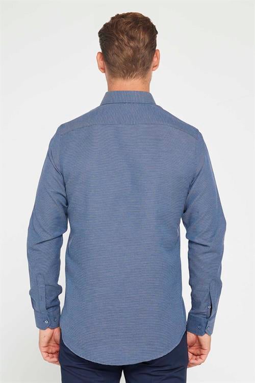 Erkek Slim Fit Dar Kesim Uzun Kollu Pamuklu Kolay Ütü Armürlü Lacivert Gömlek
