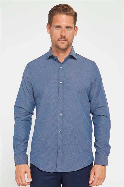 Erkek Slim Fit Dar Kesim Uzun Kollu Pamuklu Kolay Ütü Armürlü Lacivert Gömlek