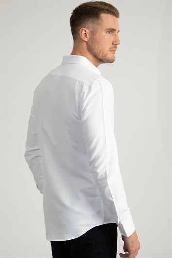 Slim Fit Uzun Kollu Armürlü Erkek Beyaz Gömlek