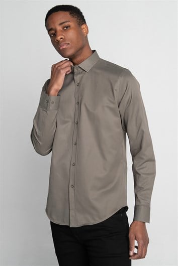 Slim Fit Uzun Kollu Armürlü Erkek Haki Gri Gömlek