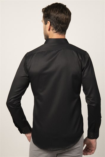 Slim Fit Uzun Kollu Armürlü Erkek Siyah Gömlek