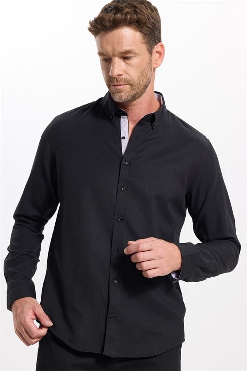 Slim Fit Uzun Kollu Düğmeli Yaka Pamuklu Kolay Ütülenebilir Düz Erkek Gömlek