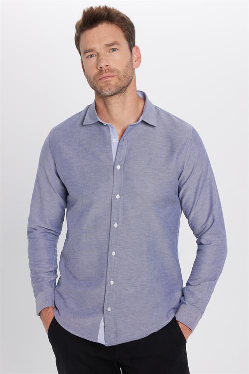 Erkek Slim Fit Dar Kesim Pamuklu Kolay Ütü Düğmeli Yaka Düz Mavi Gömlek