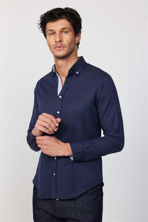 Slim Fit Uzun Kollu Düğmeli Yaka Pamuklu Kolay Ütü Düz Erkek Gömlek
