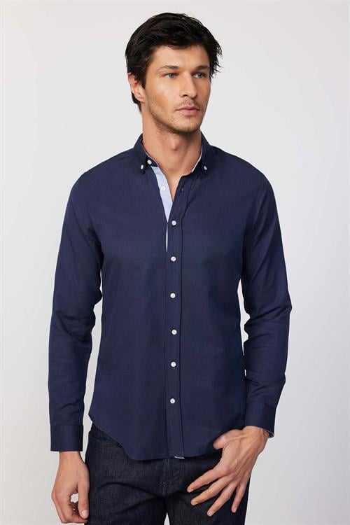 Slim Fit Uzun Kollu Düğmeli Yaka Pamuklu Kolay Ütü Düz Erkek Gömlek