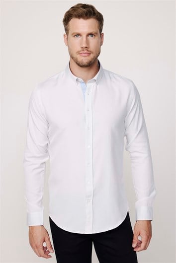 Slim Fit Uzun Kollu Düğmeli Yaka Pamuklu Kolay Ütü Düz Erkek Gömlek