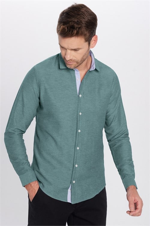 Erkek Slim Fit Dar Kesim Pamuklu Kolay Ütülenebilir Düğmeli Yaka Düz Yeşil Gömlek