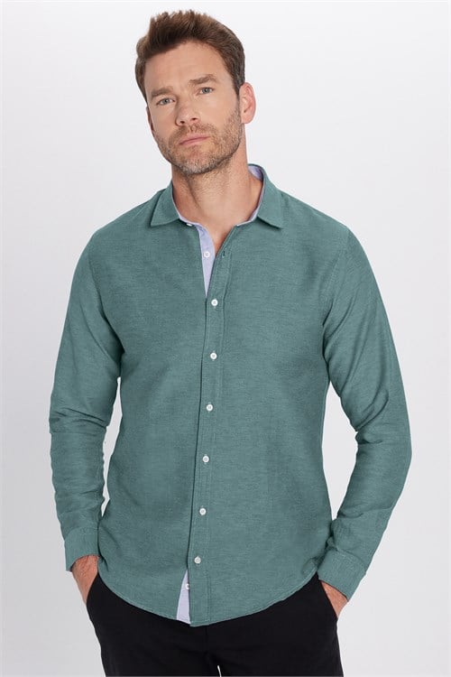 Erkek Slim Fit Dar Kesim Pamuklu Kolay Ütülenebilir Düğmeli Yaka Düz Yeşil Gömlek