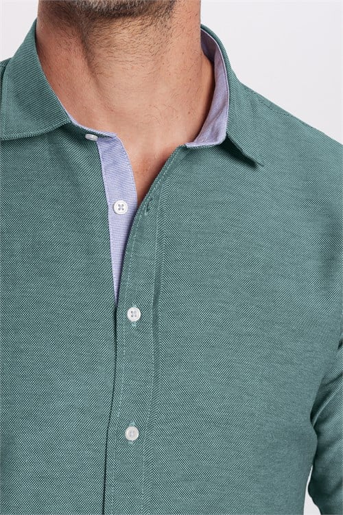 Erkek Slim Fit Dar Kesim Pamuklu Kolay Ütülenebilir Düğmeli Yaka Düz Yeşil Gömlek
