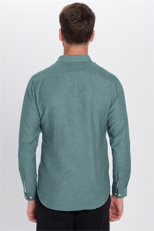 Erkek Slim Fit Dar Kesim Pamuklu Kolay Ütülenebilir Düğmeli Yaka Düz Yeşil Gömlek