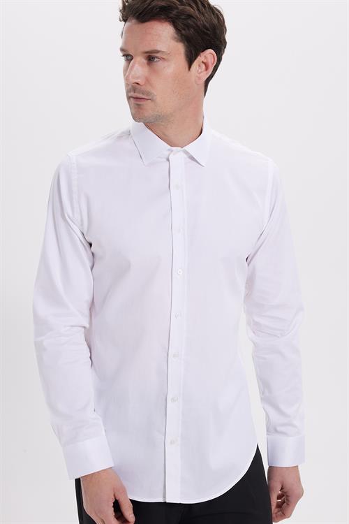 Slim Fit Uzun Kollu Pamuk Saten Erkek Beyaz Gömlek