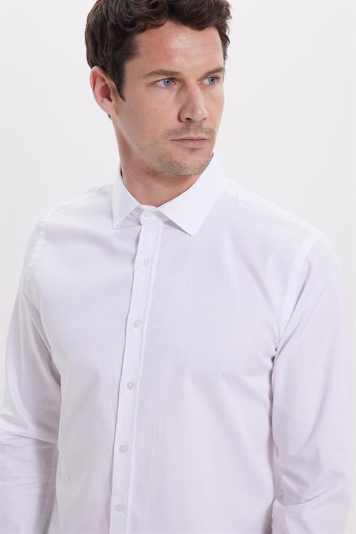 Slim Fit Uzun Kollu Pamuk Saten Erkek Beyaz Gömlek