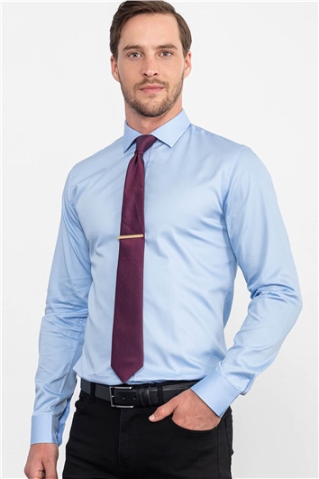 Slim Fit Uzun Kollu Pamuk Saten Erkek Mavi Gömlek