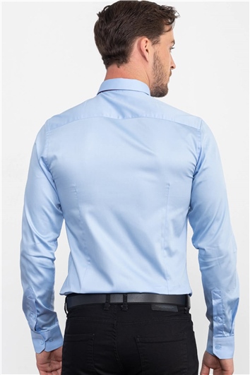 Slim Fit Uzun Kollu Pamuk Saten Erkek Mavi Gömlek