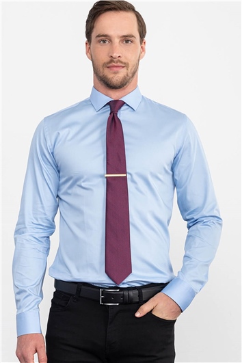 Slim Fit Uzun Kollu Pamuk Saten Erkek Mavi Gömlek