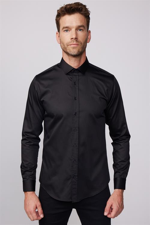 Slim Fit Uzun Kollu Pamuk Saten Erkek Siyah Gömlek