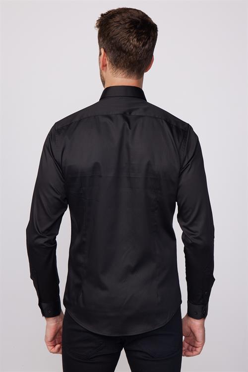 Slim Fit Uzun Kollu Pamuk Saten Erkek Siyah Gömlek