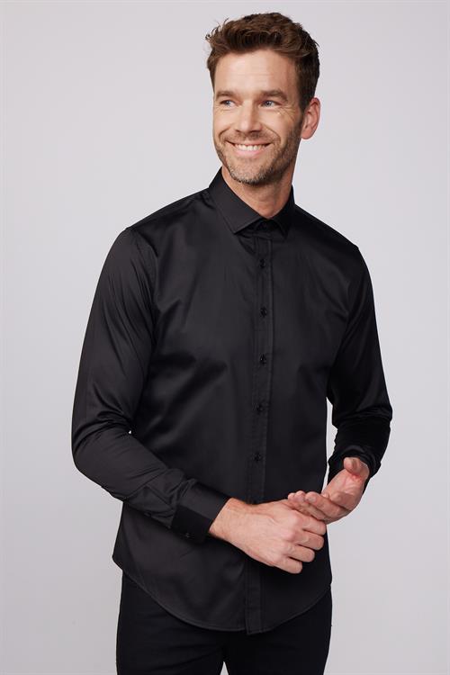 Slim Fit Uzun Kollu Pamuk Saten Erkek Siyah Gömlek