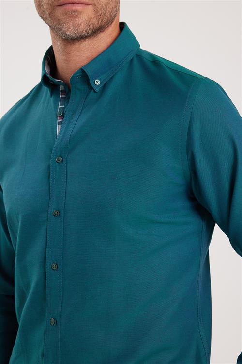 Erkek Slim Fit Dar Kesim Uzun Kollu Pamuklu Oxford Doku Kolay Ütülenebilir Yeşil Düğmeli Yaka Gömlek
