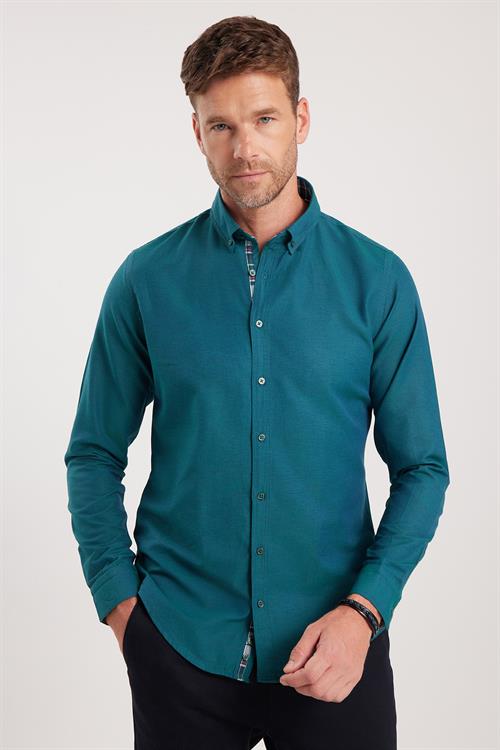 Erkek Slim Fit Dar Kesim Uzun Kollu Pamuklu Oxford Doku Kolay Ütülenebilir Yeşil Düğmeli Yaka Gömlek