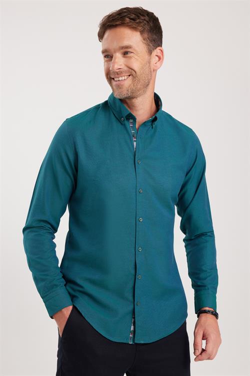 Erkek Slim Fit Dar Kesim Uzun Kollu Pamuklu Oxford Doku Kolay Ütülenebilir Yeşil Düğmeli Yaka Gömlek