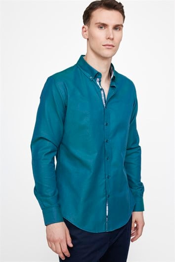 Erkek Slim Fit Dar Kesim Uzun Kollu Pamuklu Oxford Doku Kolay Ütülenebilir Yeşil Düğmeli Yaka Gömlek