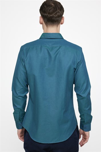 Erkek Slim Fit Dar Kesim Uzun Kollu Pamuklu Oxford Doku Kolay Ütülenebilir Yeşil Düğmeli Yaka Gömlek