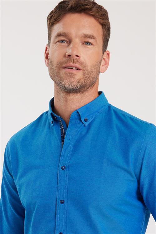 Erkek Slim Fit Dar Kesim Uzun Kollu Pamuklu Oxford Doku Lacivert Düğmeli Yaka Gömlek