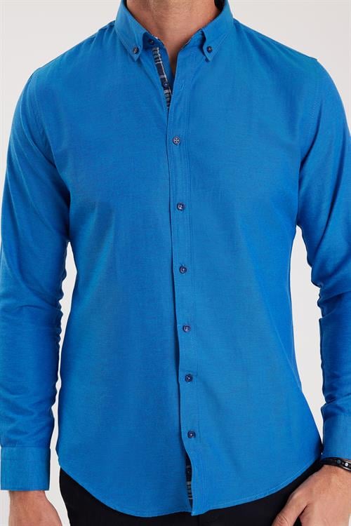 Erkek Slim Fit Dar Kesim Uzun Kollu Pamuklu Oxford Doku Lacivert Düğmeli Yaka Gömlek