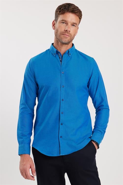 Erkek Slim Fit Dar Kesim Uzun Kollu Pamuklu Oxford Doku Lacivert Düğmeli Yaka Gömlek