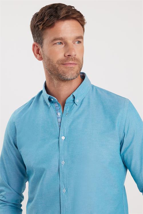 Erkek Slim Fit Dar Kesim Uzun Kollu Pamuklu Oxford Doku Turkuaz Düğmeli Yaka Gömlek