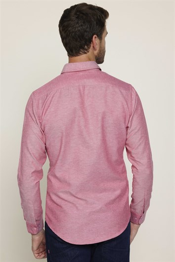 Erkek Slim Fit Dar Kesim Uzun Kollu Pamuklu Oxford Doku Kolay Ütülenebilir Bordo Düğmeli Yaka Gömlek