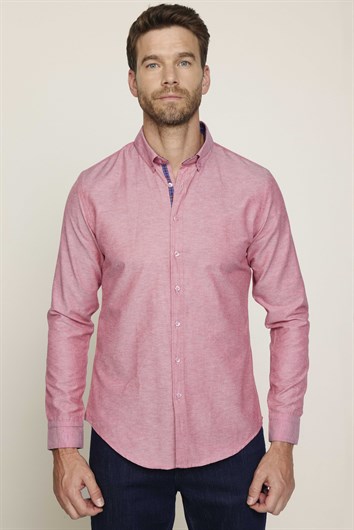Erkek Slim Fit Dar Kesim Uzun Kollu Pamuklu Oxford Doku Kolay Ütülenebilir Bordo Düğmeli Yaka Gömlek