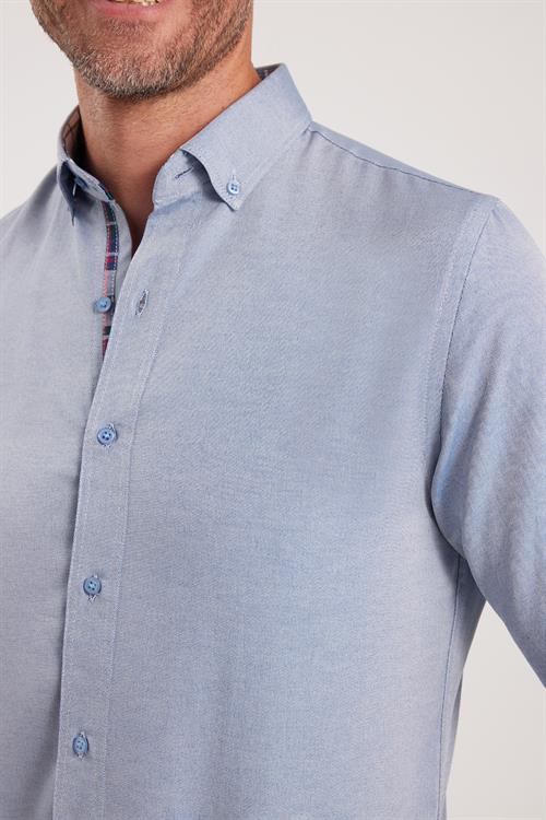 Erkek Slim Fit Dar Kesim Uzun Kollu Pamuklu Oxford Doku Kolay Ütülenebilir Gri Düğmeli Yaka Gömlek