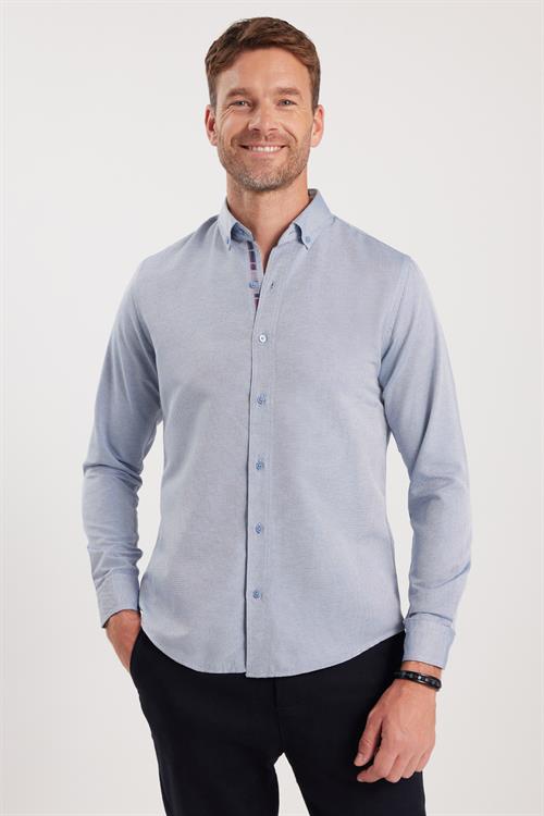 Erkek Slim Fit Dar Kesim Uzun Kollu Pamuklu Oxford Doku Kolay Ütülenebilir Gri Düğmeli Yaka Gömlek
