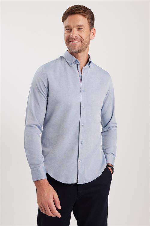 Erkek Slim Fit Dar Kesim Uzun Kollu Pamuklu Oxford Doku Kolay Ütülenebilir Gri Düğmeli Yaka Gömlek