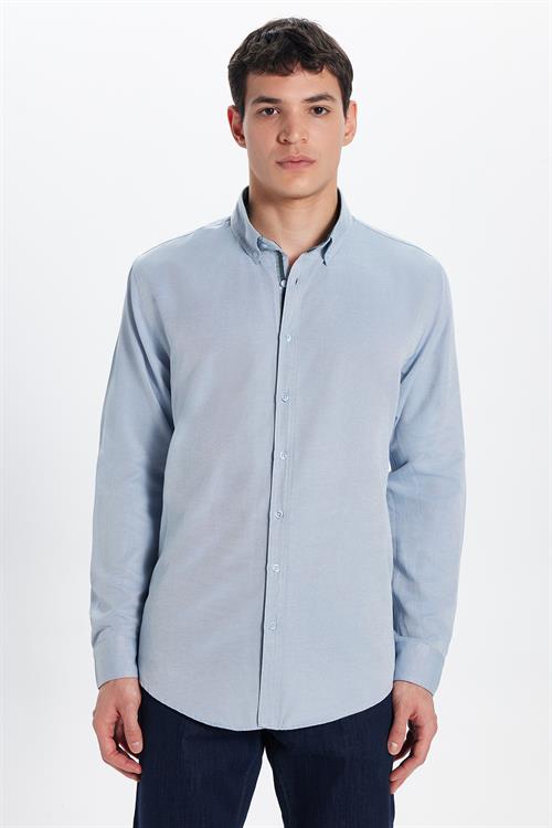 Erkek Slim Fit Dar Kesim Uzun Kollu Pamuklu Oxford Doku Kolay Ütülenebilir Gri Düğmeli Yaka Gömlek