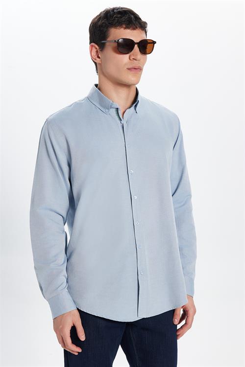 Erkek Slim Fit Dar Kesim Uzun Kollu Pamuklu Oxford Doku Kolay Ütülenebilir Gri Düğmeli Yaka Gömlek