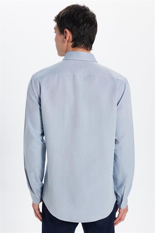Erkek Slim Fit Dar Kesim Uzun Kollu Pamuklu Oxford Doku Kolay Ütülenebilir Gri Düğmeli Yaka Gömlek
