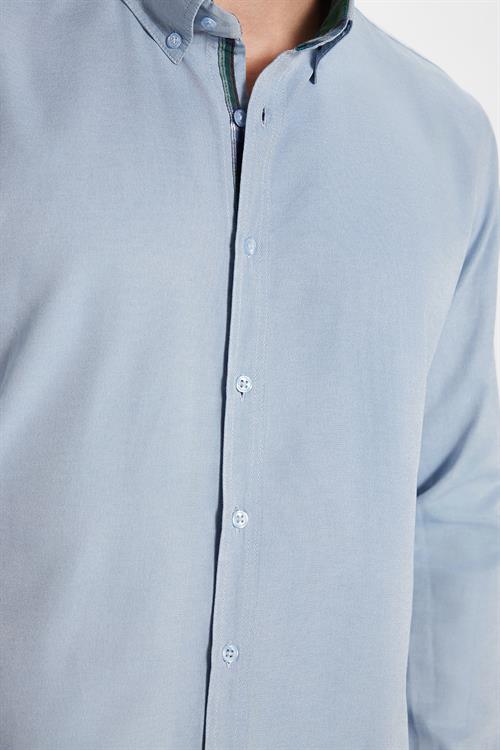 Erkek Slim Fit Dar Kesim Uzun Kollu Pamuklu Oxford Doku Kolay Ütülenebilir Gri Düğmeli Yaka Gömlek