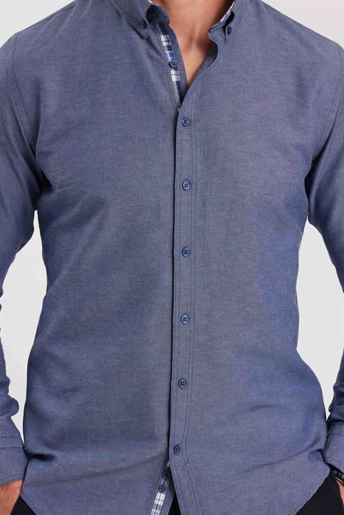 Erkek Slim Fit Dar Kesim Uzun Kollu Pamuklu Oxford Doku Lacivert Düğmeli Yaka Gömlek