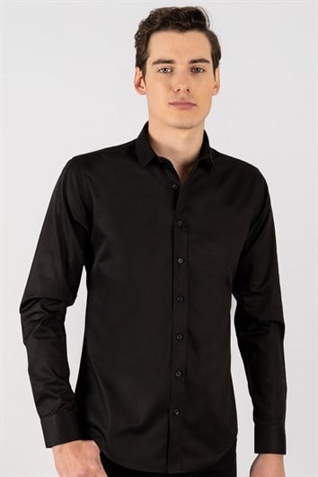 Slim Fit Düz İnce Pamuk Saten Erkek Siyah Gömlek