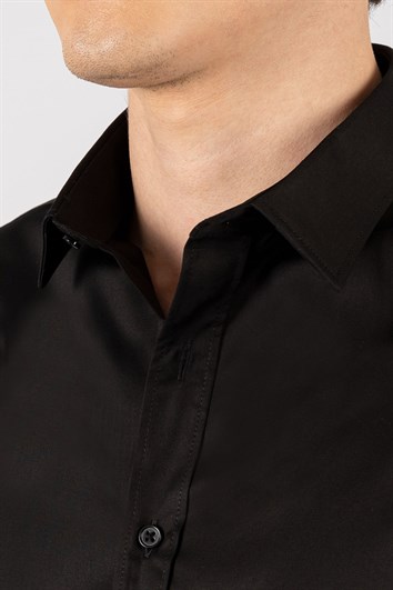 Slim Fit Düz İnce Pamuk Saten Erkek Siyah Gömlek